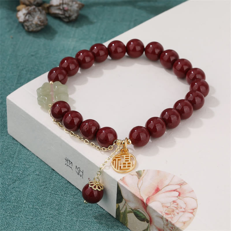 Natural Hetian Jade and Cinnabar Fu Character Clover Beaded Elastic Bracelet