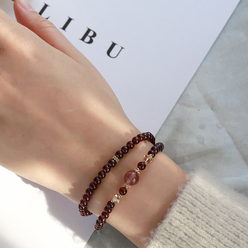 14K Gold Plated Natural Garnet Strawberry Quartz Stability Double Wrap Bracelet