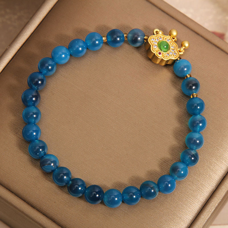 Vibrant Blue Candy Agate and Green Quartz Longevity Lock Charm Bracelet