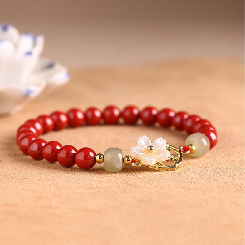 Natural Cinnabar Jade Beaded Tridacna Stone Flower Blessing Bracelet