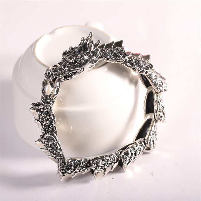 Handcrafted 925 Sterling Silver Dragon Motif Open Bangle Bracelet
