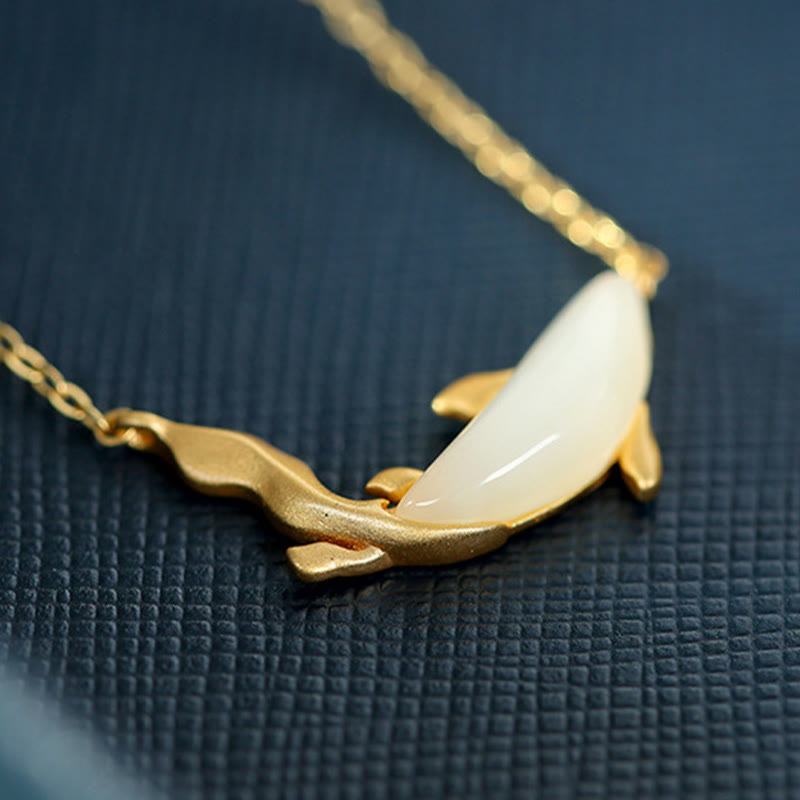 925 Sterling Silver White Jade Dolphin Luck Necklace Pendant