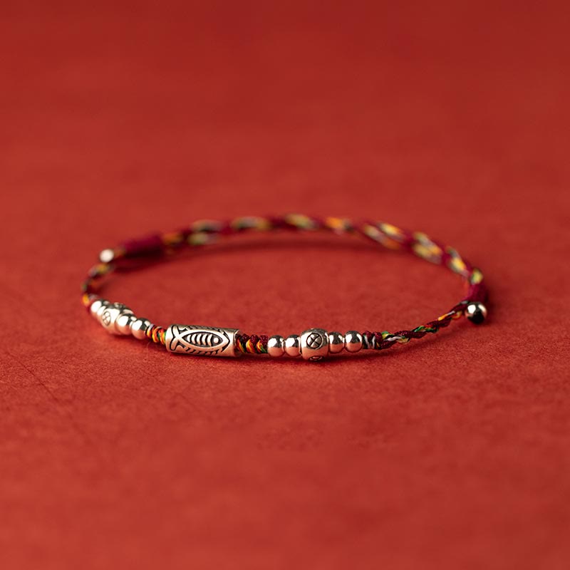 Braided Red String & 925 Sterling Silver Koi Fish Adjustable Bracelet Anklet