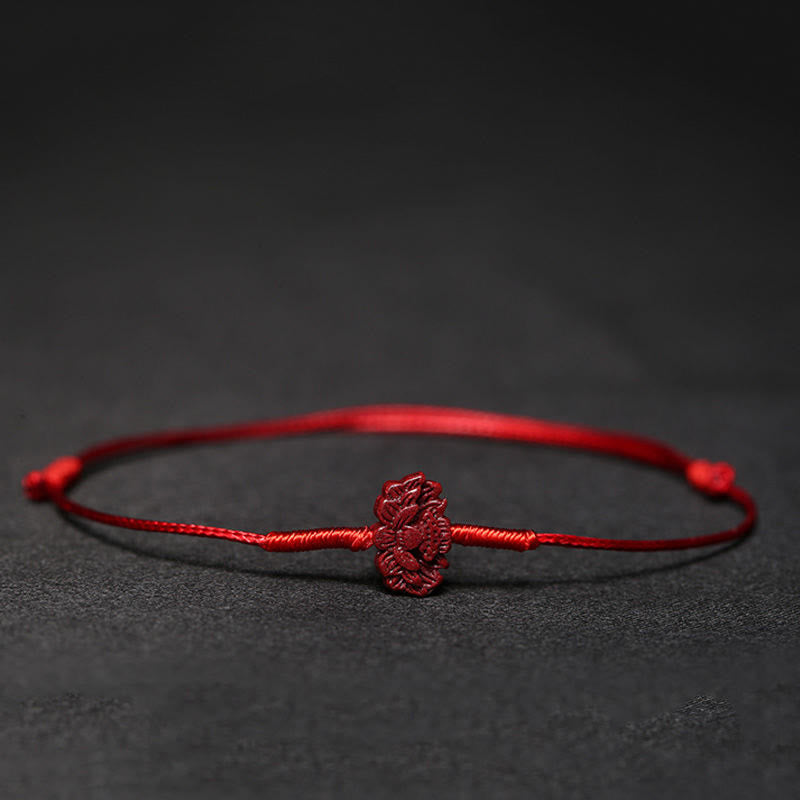 Handmade Cinnabar Braided Red String Bracelet with Carved Symbolic Charms