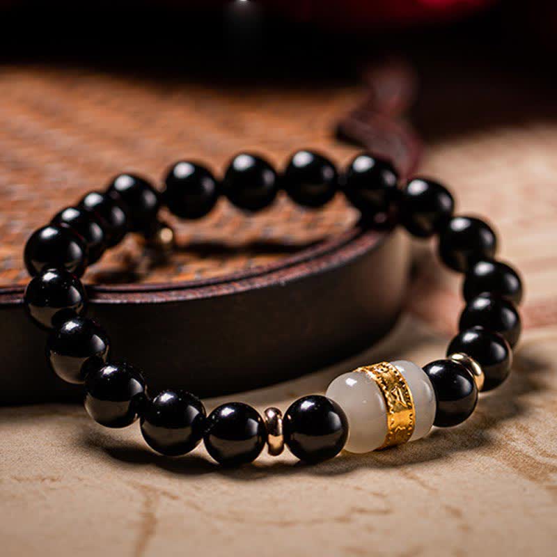 Magnetic Black Obsidian and Jade Om Mani Padme Hum Mantra Gold Plated Couple Bracelet
