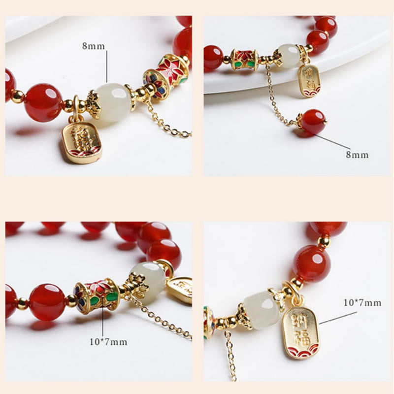 Natural Red Agate and Hetian Jade Copper Fu Symbol Beaded Charm Bracelet