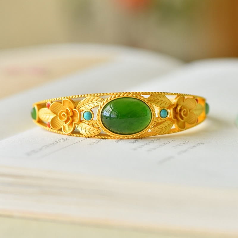 Cyan Jade White Jade Flower Leaf Harmony Luck Bracelet Bangle