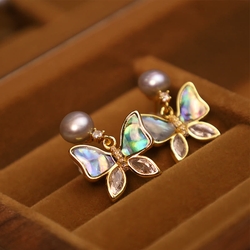 18K Gold Plated Copper Natural Shell Pearl Butterfly Sincerity Stud Earrings