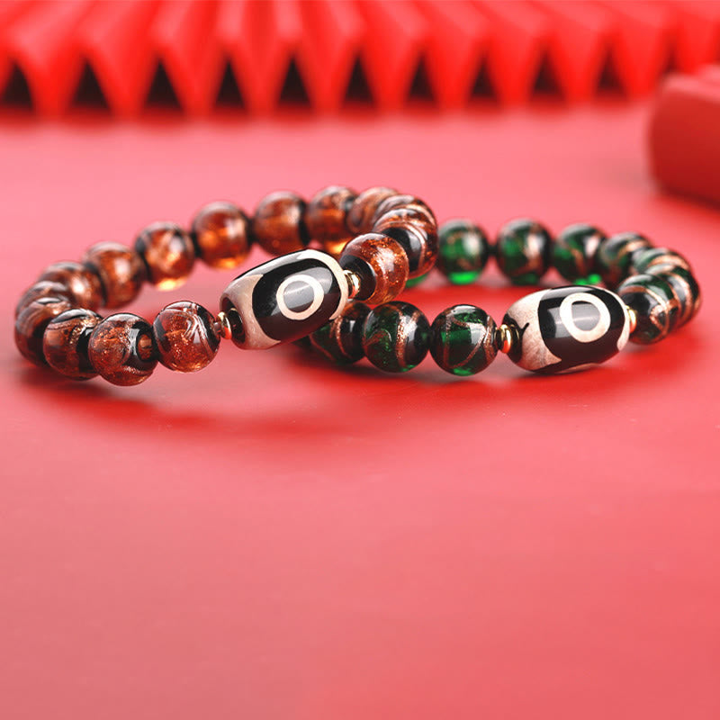Hand-Finished Tibetan Style Dzi Bead and Vibrant Liuli Glass Beaded Bracelet