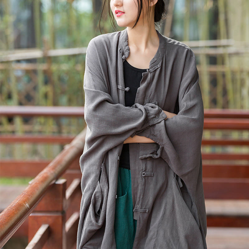 Frog-Button Long Sleeve Zen Meditation Open Front Jacket With Pockets