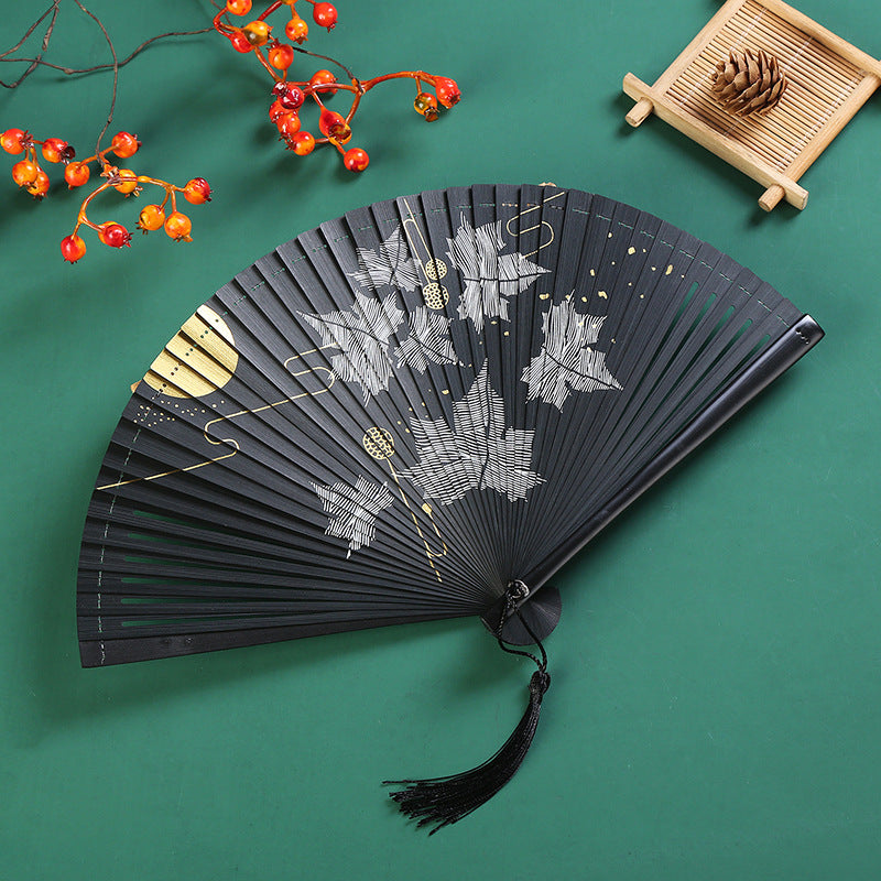 Vintage Cloud Crane Maple Leaf Pattern Handheld Bamboo Folding Fan