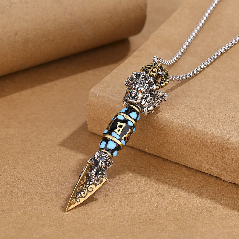 Tibet Om Mani Padme Hum Dzi Bead Dorje Vajra Pattern Wealth Rotatable Necklace Pendant