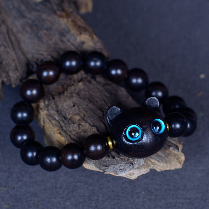 Natural Ebony Wood and Liuli Glass Lucky Cat Beaded Bracelet for Cat Lovers