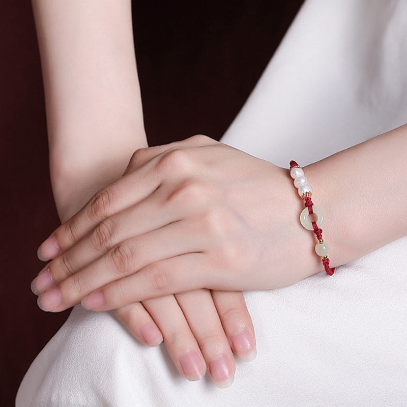 Hetian Jade Ping An Kou Pearl 925 Sterling Silver Gold Plated Red String Bracelet