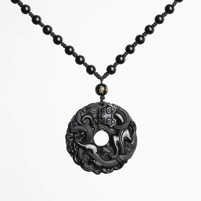 Natural Black Obsidian Peace Buckle Pixiu Purification Necklace Pendant