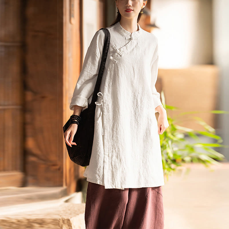 Vintage Cotton Linen Blouse Women Long Sleeve Shirt Chinese Hanfu Top