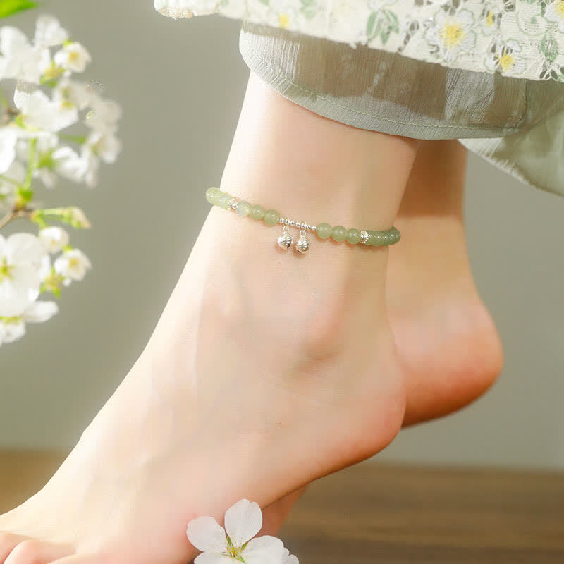 925 Sterling Silver Natural Hetian Jade Bell Charm Anklet