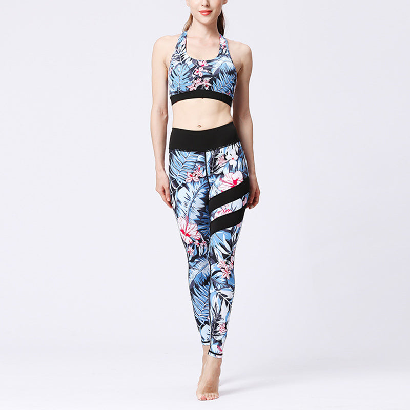 2Pcs Sunflower Flowers Leaves Print Top Pants Sports Fitness Yoga Women's Yoga Sets