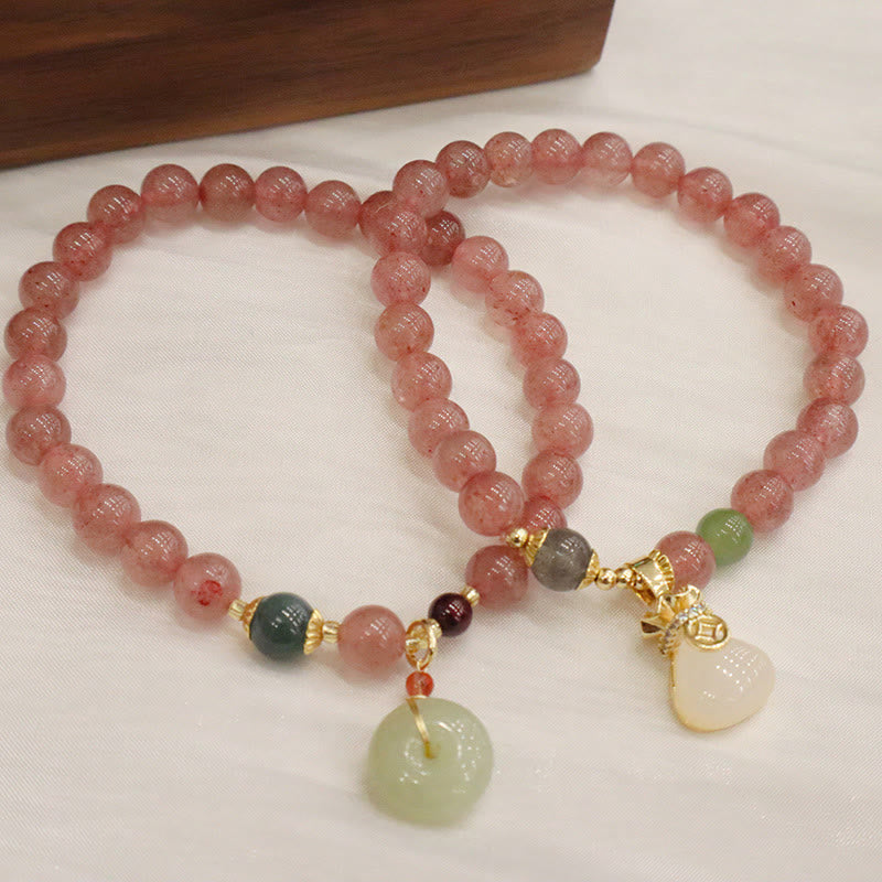 Natural Hetian Jade & Strawberry Quartz Beaded Bracelet with Clear Quartz