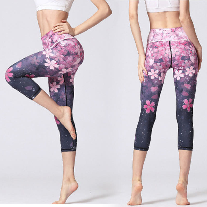 Breathable Sakura Print Mindful Movement Yoga Capri Pants