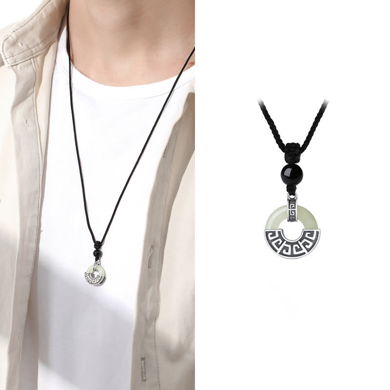 925 Sterling Silver Natural Hetian Jade Peace Buckle Prosperity Necklace Pendant