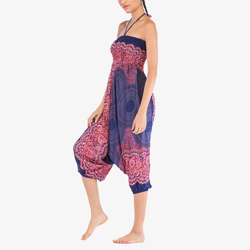 Two Style Wear Round Geometric Pattern Loose Smocked Harem Trousers Jumpsuit High Waist Women's Yoga Pants