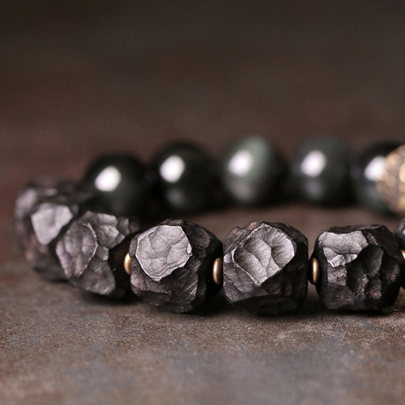 Handcrafted Black Obsidian Ebony Wood & Copper Strength Couple Bracelet
