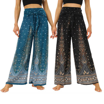 Boho Peacock Feathers Lace-up Wide Leg Pants Women's Yoga Pants
