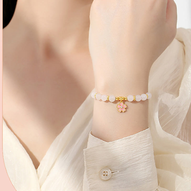 925 Sterling Silver Hetian White Jade Cherry Blossom Zircon Chain Bracelet