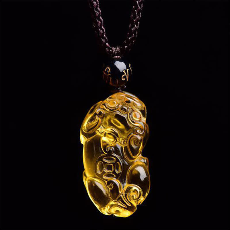 Natural Citrine Pixiu Hand-Carved Unisex Pendant Necklace