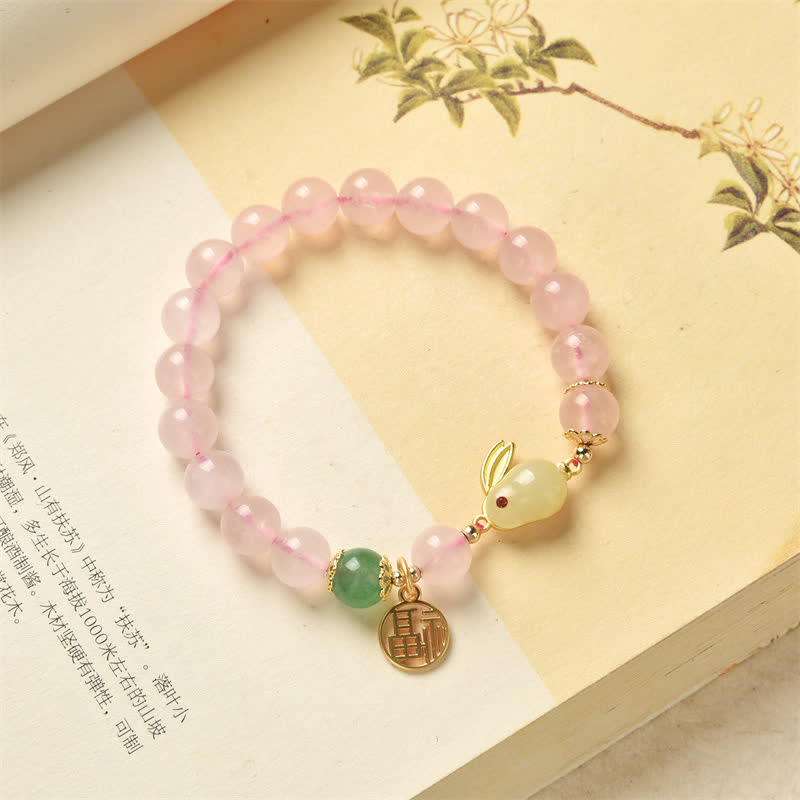 Natural Green Agate and Rose Quartz Rabbit Charm Beaded Bracelet