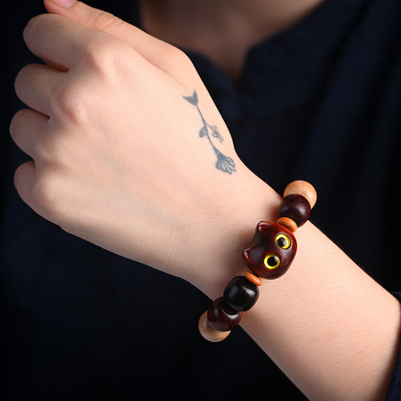 Hand-Carved Cat Engraved Red Sandalwood and Ebony Wood Bracelet
