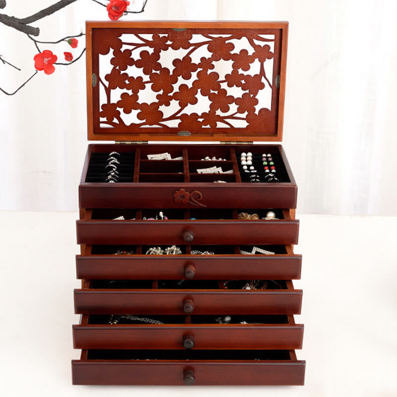 Vintage Plum Blossom Carved Wooden Jewelry Box Six-Layer Jewelry Storage Box