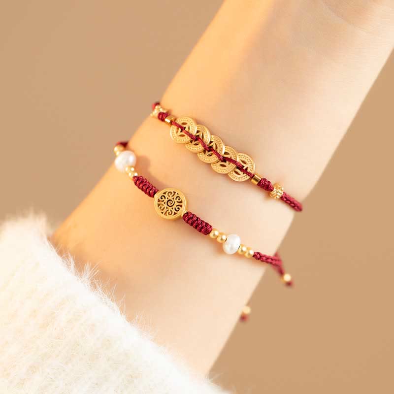 Hand-Braided Copper Tree of Life & Chinese Coin Red String Bracelet