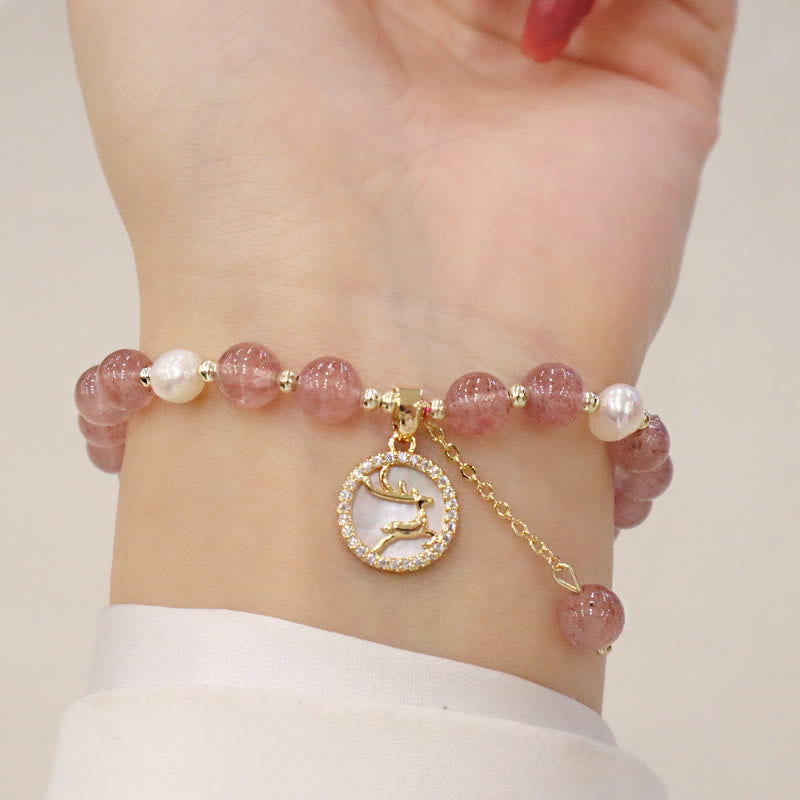 Strawberry Quartz Pearl Elk Smiley Face Fishtail Fu Character Charm Healing Bracelet