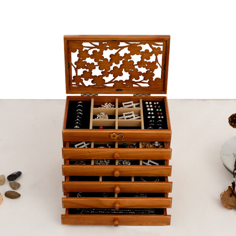 Vintage Plum Blossom Carved Wooden Jewelry Box Six-Layer Jewelry Storage Box