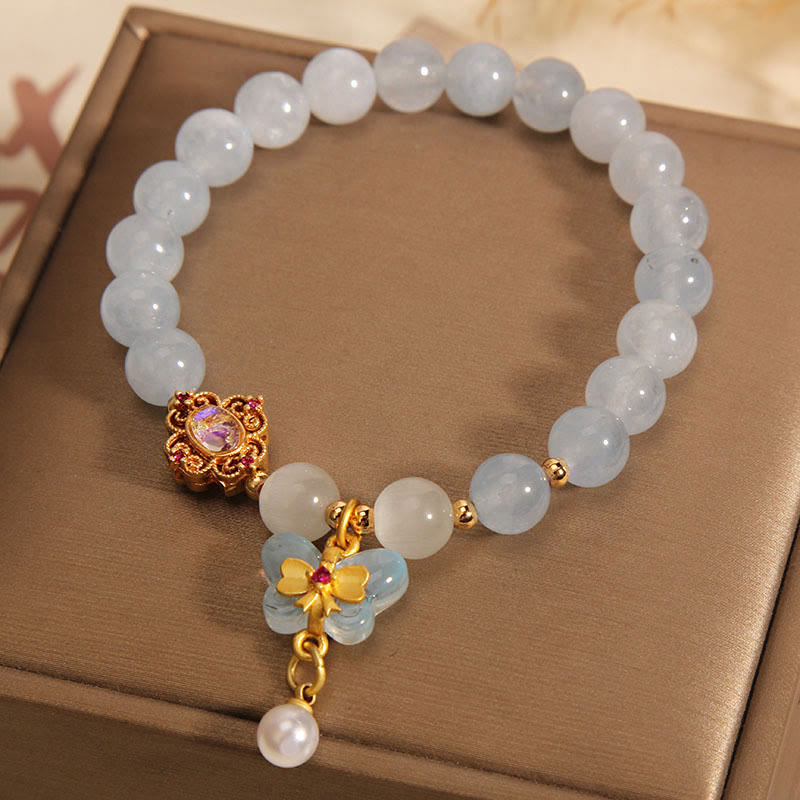 Aquamarine Cat's Eye Healing Butterfly Pearl Charm Bracelet