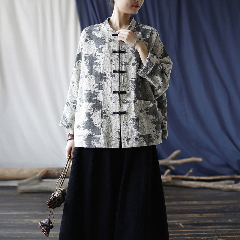 Black Gray Print Frog-button Design Long Sleeve Cotton Linen Jacket Shirt With Pockets
