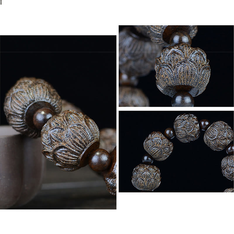 Ebony Wood Eighteen Arhats Lotus Dragon Engraved Balance Bracelet