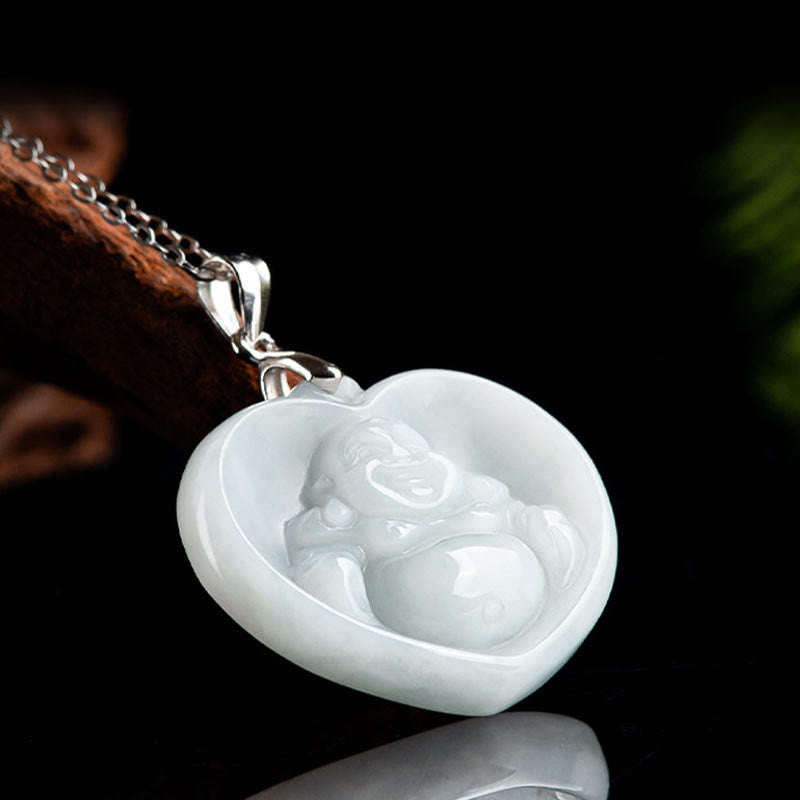 925 Sterling Silver Laughing Buddha White Jade Luck Blessing Necklace Pendant