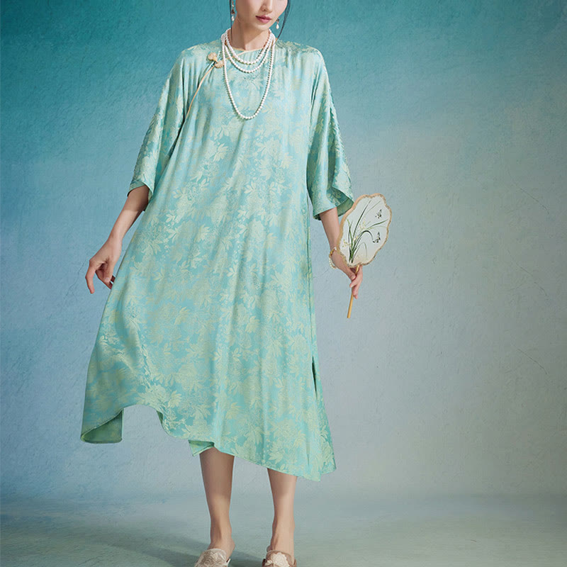 Small Flower Leaf Jacquard Chinese Cheongsam Qipao Midi Dress With Pockets