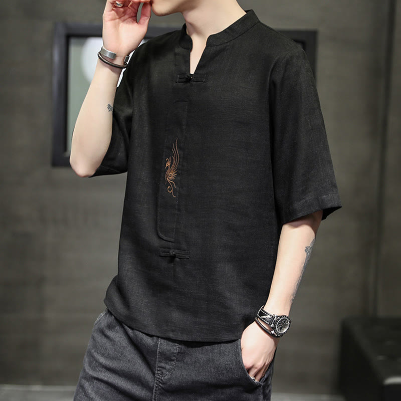 Frog-Button Phoenix Embroidery Chinese Tang Suit Short Sleeve Shirt Cotton Linen Men Clothing