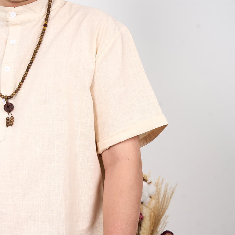 Cotton Linen Stand Collar Short Sleeve Meditation Shirt