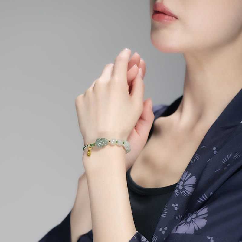 Handcrafted Natural Hetian Jade Pixiu & Fu Character String Bracelet