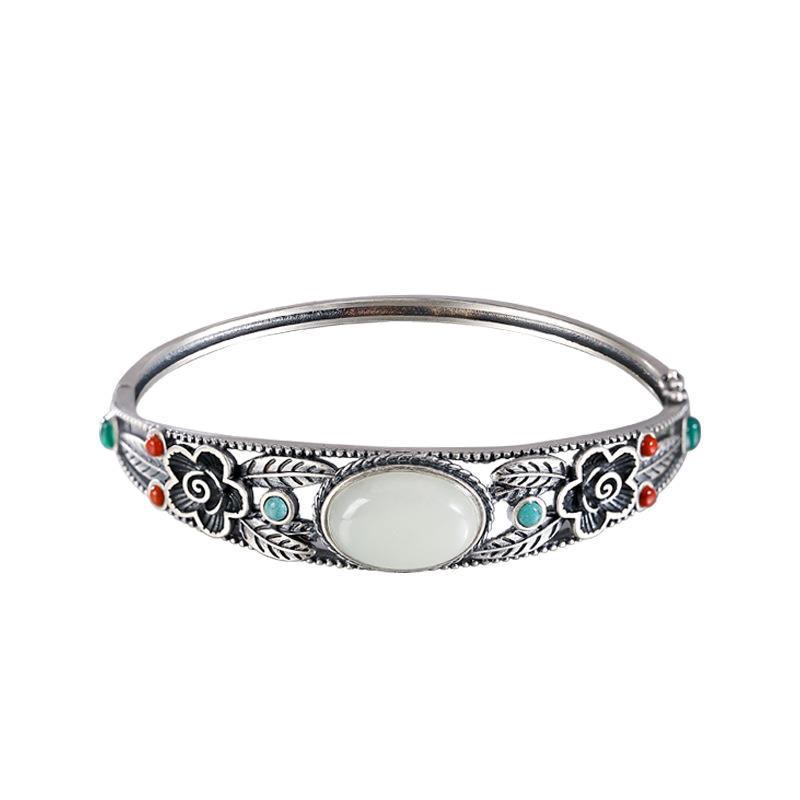 Cyan Jade White Jade Flower Leaf Harmony Luck Bracelet Bangle