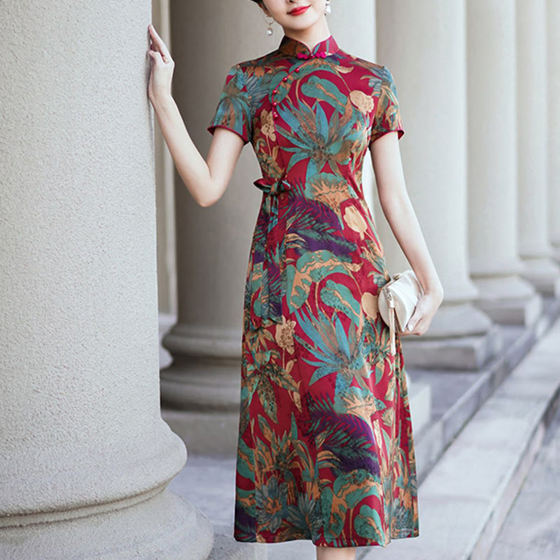 Silk Qipao Dress Retro Flower Leaf Pattern Women's Cheongsam Dress