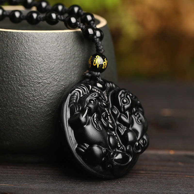 Black Obsidian Double Pixiu Bead Rope Purification Necklace Pendant
