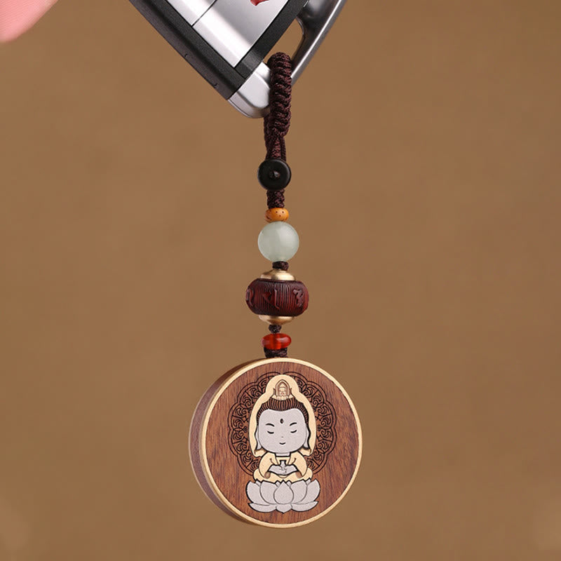 Ebony Wood Rosewood Buddha Avalokitesvara Om Mani Padme Hum Balance Car Key Chain Decoration