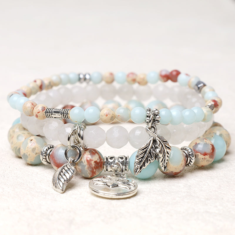 3PCS Natural Gemstone Beaded Lotus Charm Bracelet Set