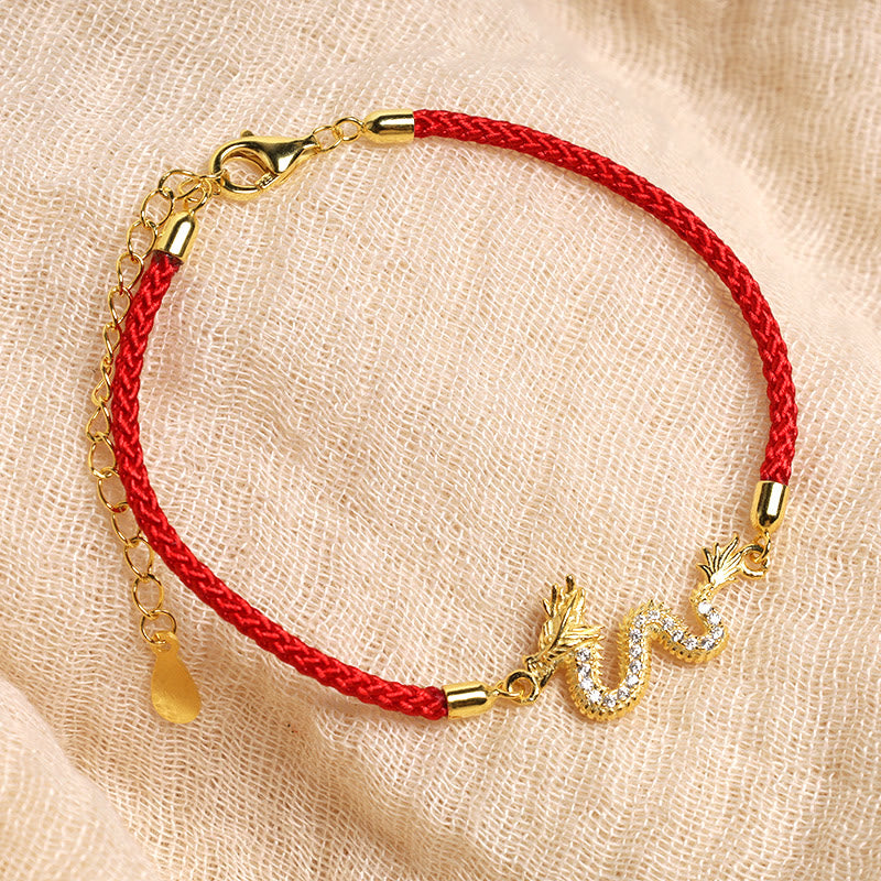 925 Sterling Silver Year Of The Dragon Auspicious Golden Dragon Luck Red Rope Chain Bracelet